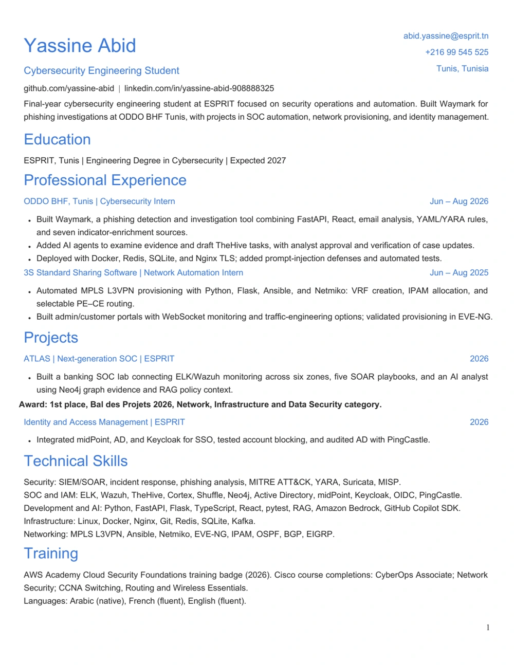 Preview of Yassine Abid’s one-page CV