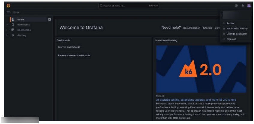 Grafana welcome screen after authentication.