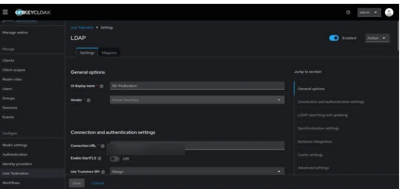 Keycloak LDAP federation settings for Active Directory.
