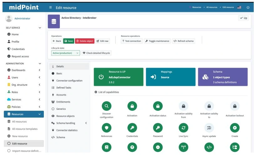 midPoint administration dashboard with identity and resource controls.