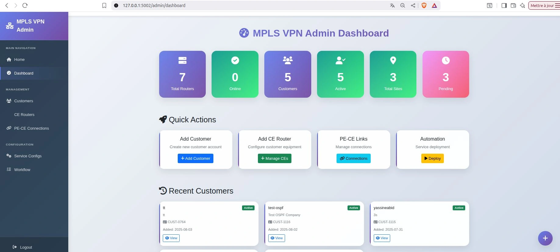 MPLS VPN admin dashboard with routers, customers, sites, and provisioning actions.