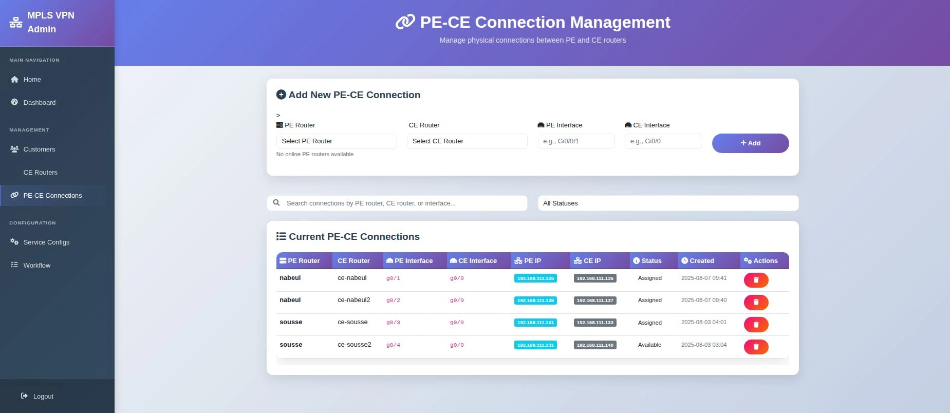 PE–CE connection management screen with routing selections.