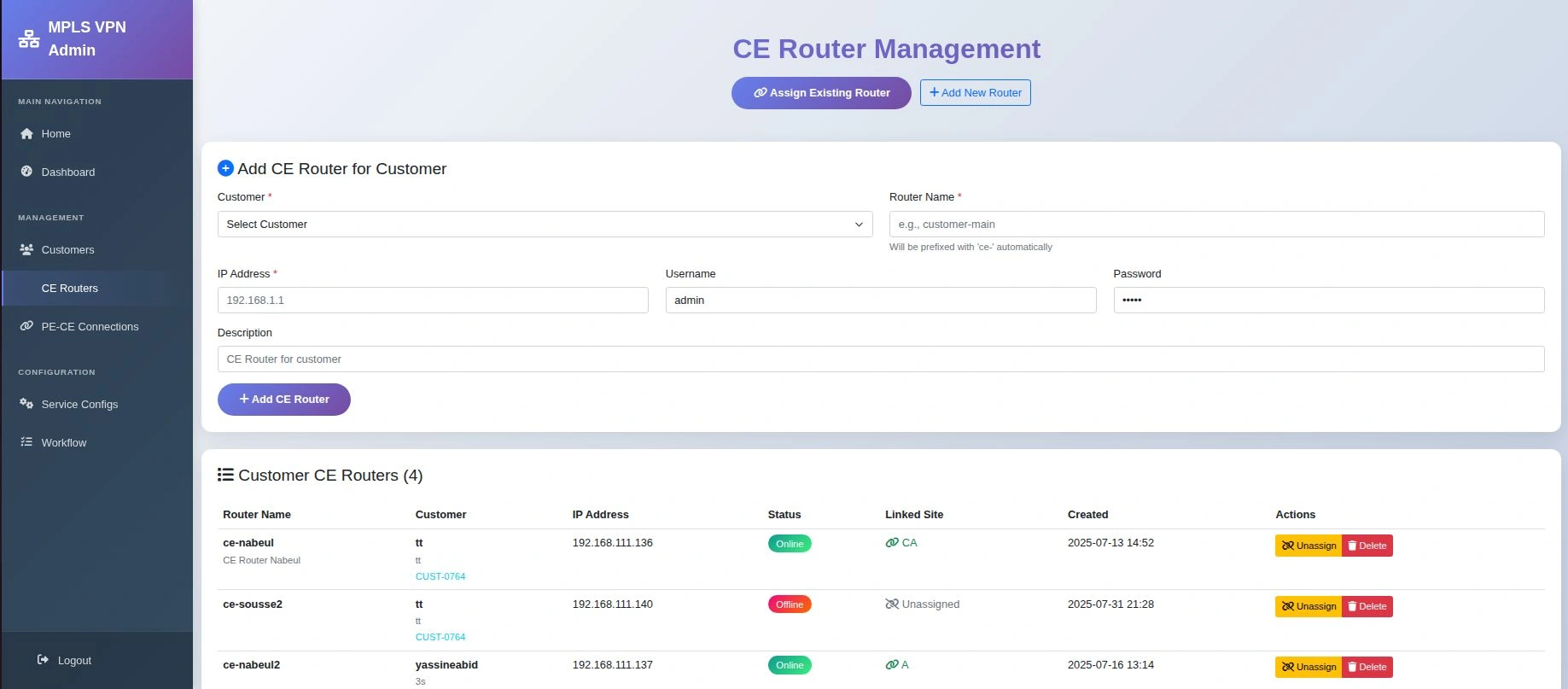 Customer-edge router management screen with router records and actions.